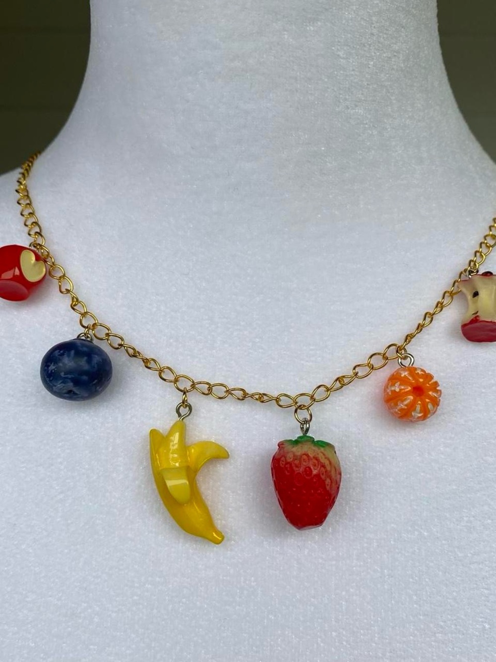 NWT 18K Gold Pl. Stainless‎ Steel Fruit Charm Necklace Fruits Apple Strawberry